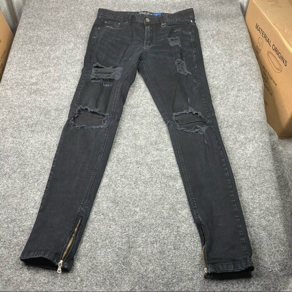 Hyper Denim Jeans Mens Size 30 Black Skinny Fit Distressed Ripped Ankle Zip